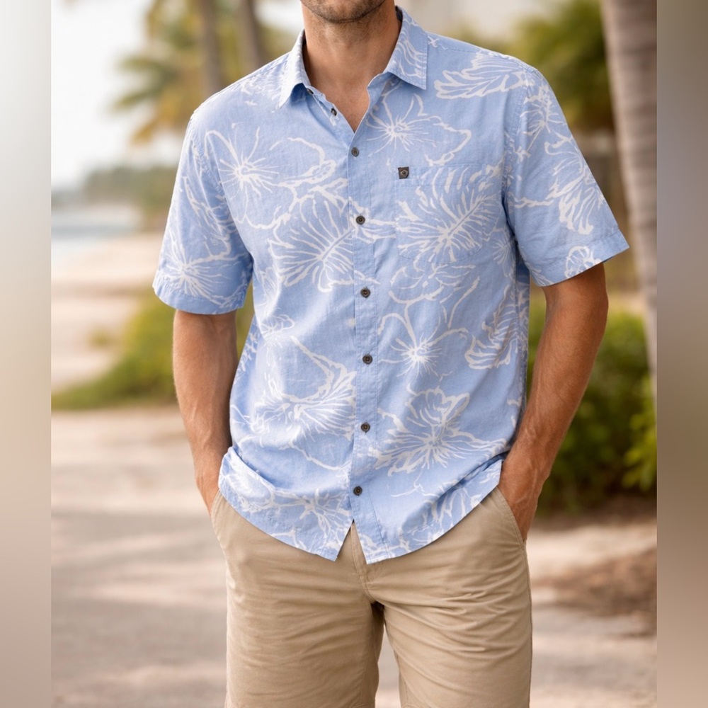 Quiksilver Hawaiian Shirt Small Blue Floral Surf Beach Button Up